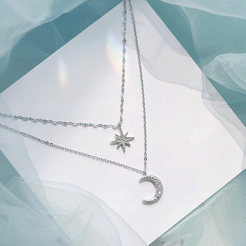 Dam silver dubbellager halsband - måne & stjärn-berlock
