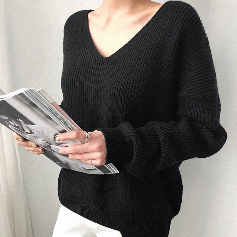 Women's V-Neck Knit Sweater - Soft Ribbed Style