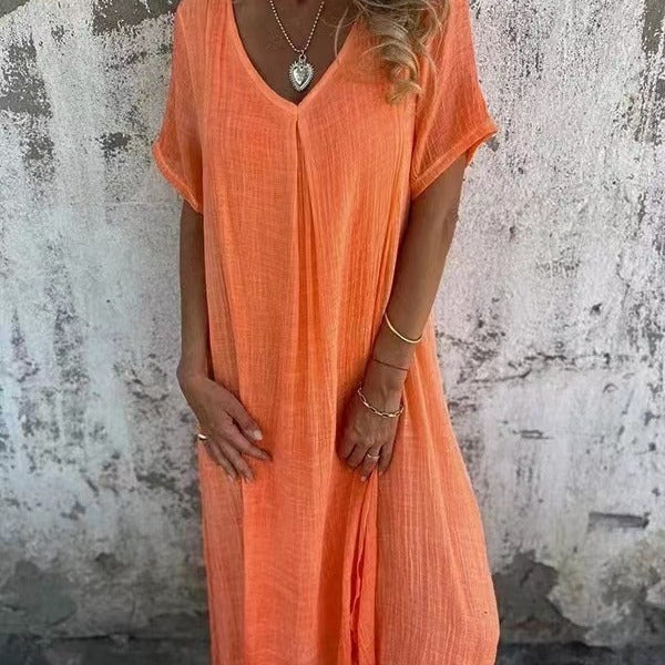 Damen Kurzarm Midi-Kleid - Lockere Passform mit V-Ausschnitt