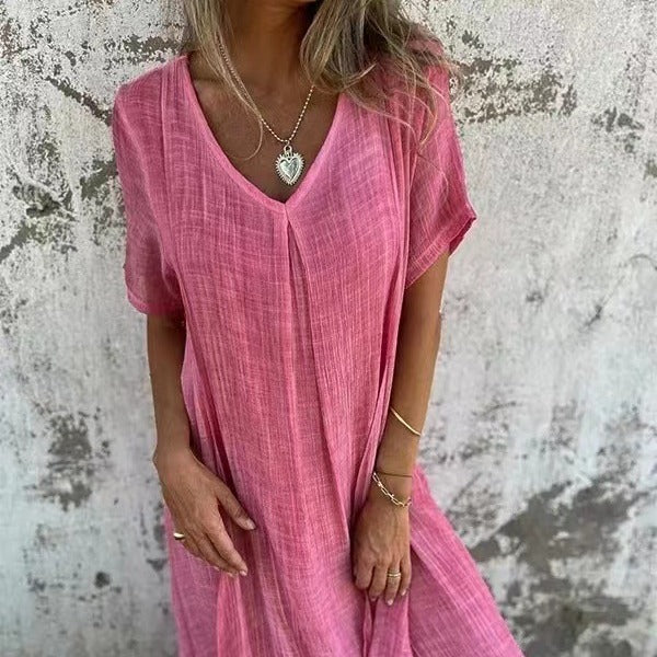 Damen Kurzarm Midi-Kleid - Lockere Passform mit V-Ausschnitt
