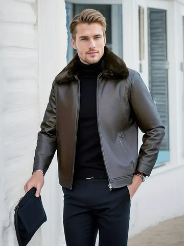 Herren Braun Moto-Stil Jacke - Warmer Kragen