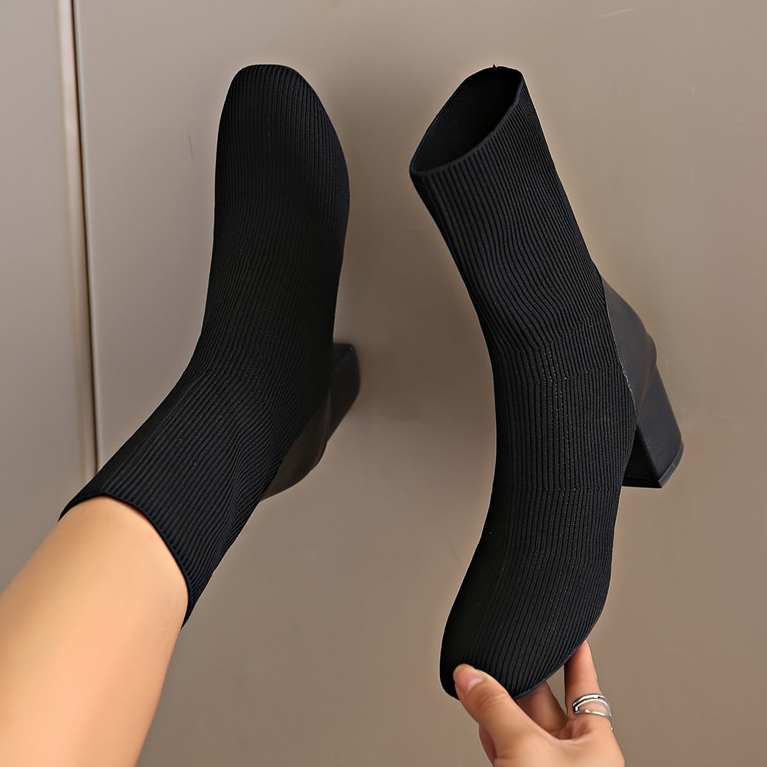 Women's Black Knitted Ankle Boot - Mid-height Block Heel