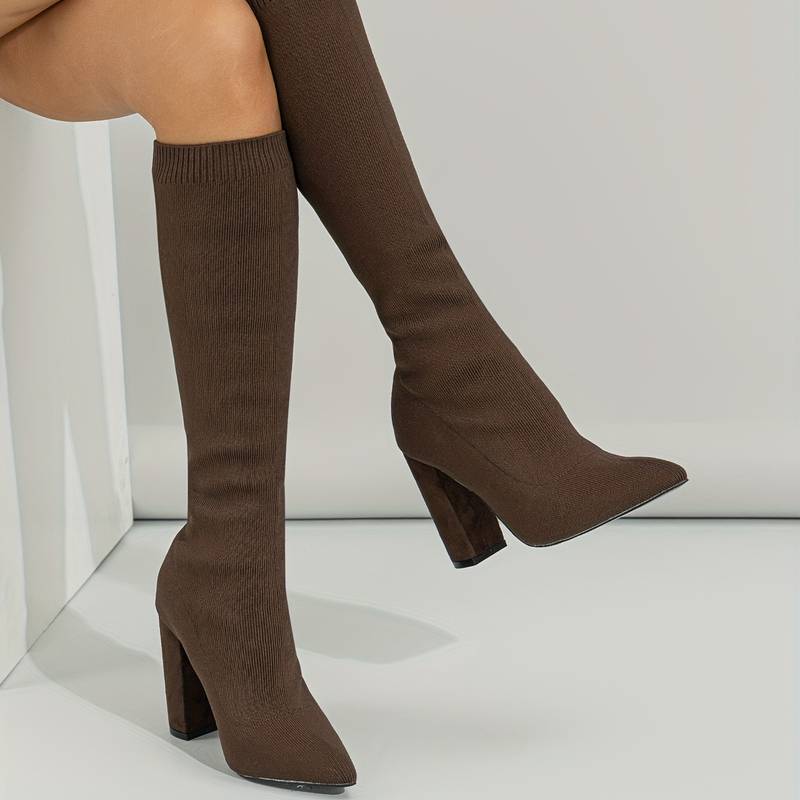 Damen Kniehohe Sockenstiefel - Stretch-Strick & Blockabsatz