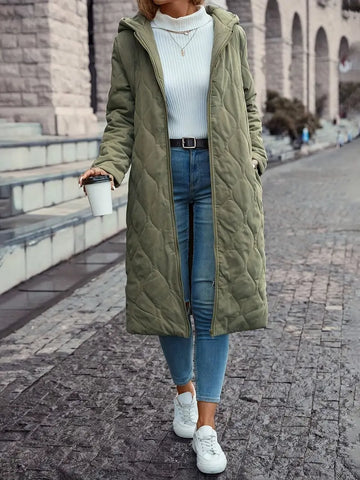 Abrigo acolchado verde para mujer - Con capucha y acolchado en diamante