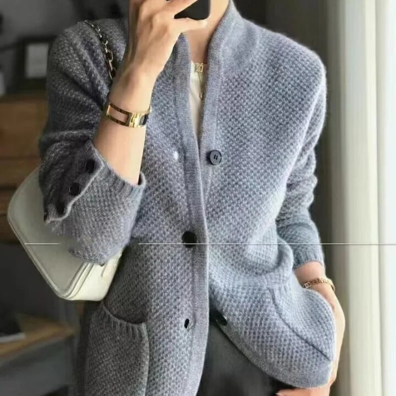 Women's Mock-Neck Cardigan - Button Closure & Knit Pattern