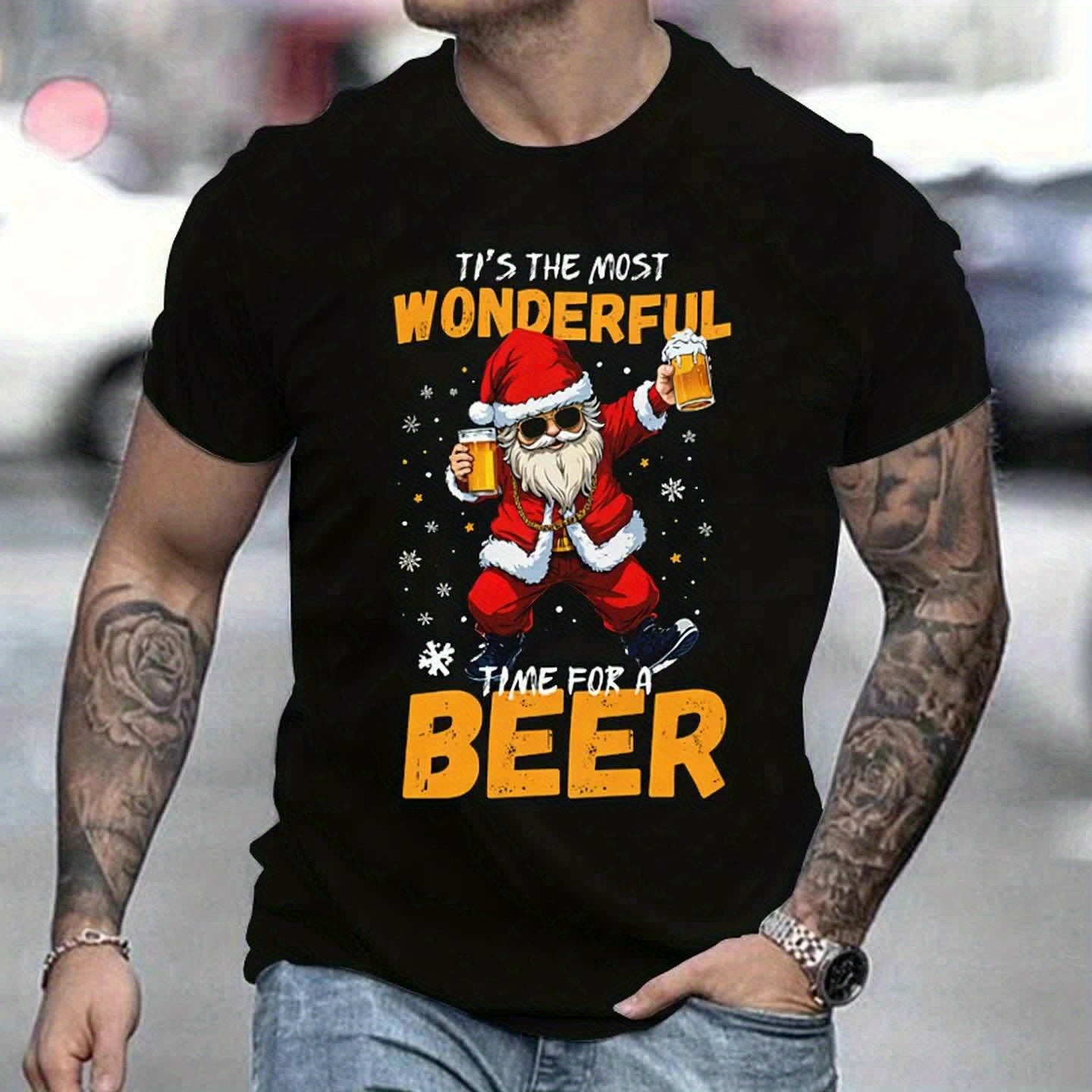 Herren Schwarzes Lustiges Weihnachts T-Shirt - Trinkender Weihnachtsmann Print Oberteil