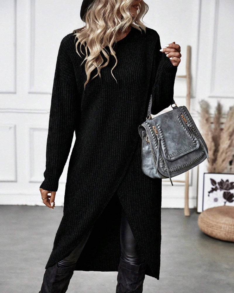Damen Midi Pulloverkleid - Asymmetrischer Wickel-Stil mit Langarm
