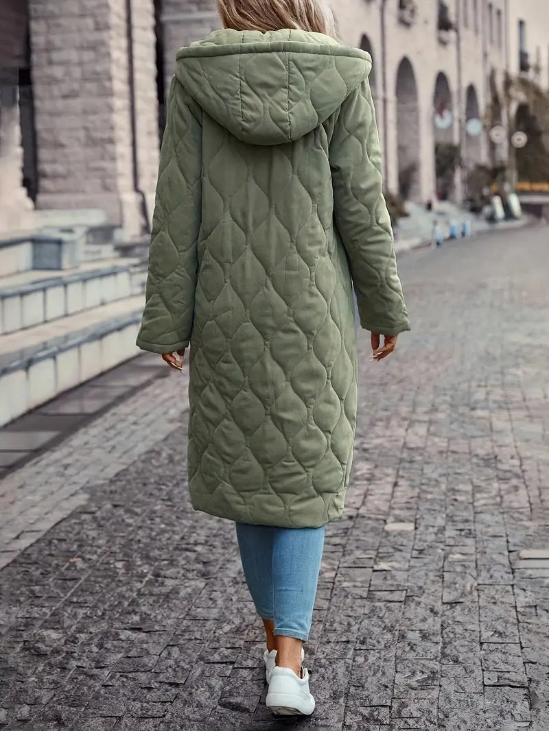 Abrigo acolchado verde para mujer - Con capucha y acolchado en diamante