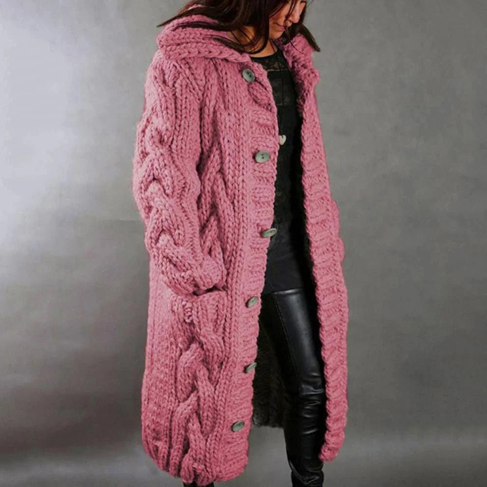 Damen Langer Zopfstrickmantel - Oversized mit Knopfverschluss