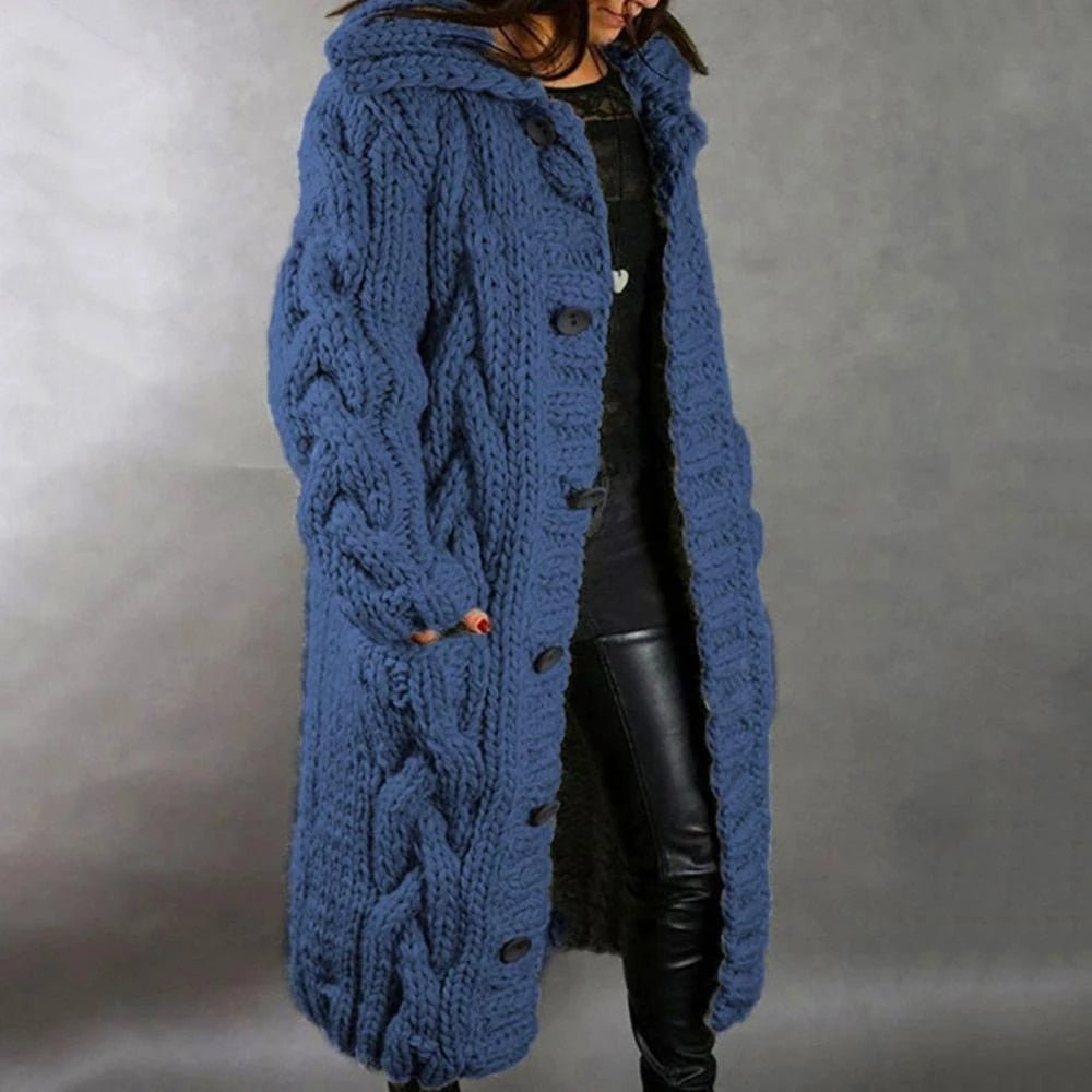 Damen Langer Zopfstrickmantel - Oversized mit Knopfverschluss