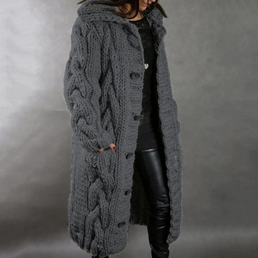 Damen Langer Zopfstrickmantel - Oversized mit Knopfverschluss
