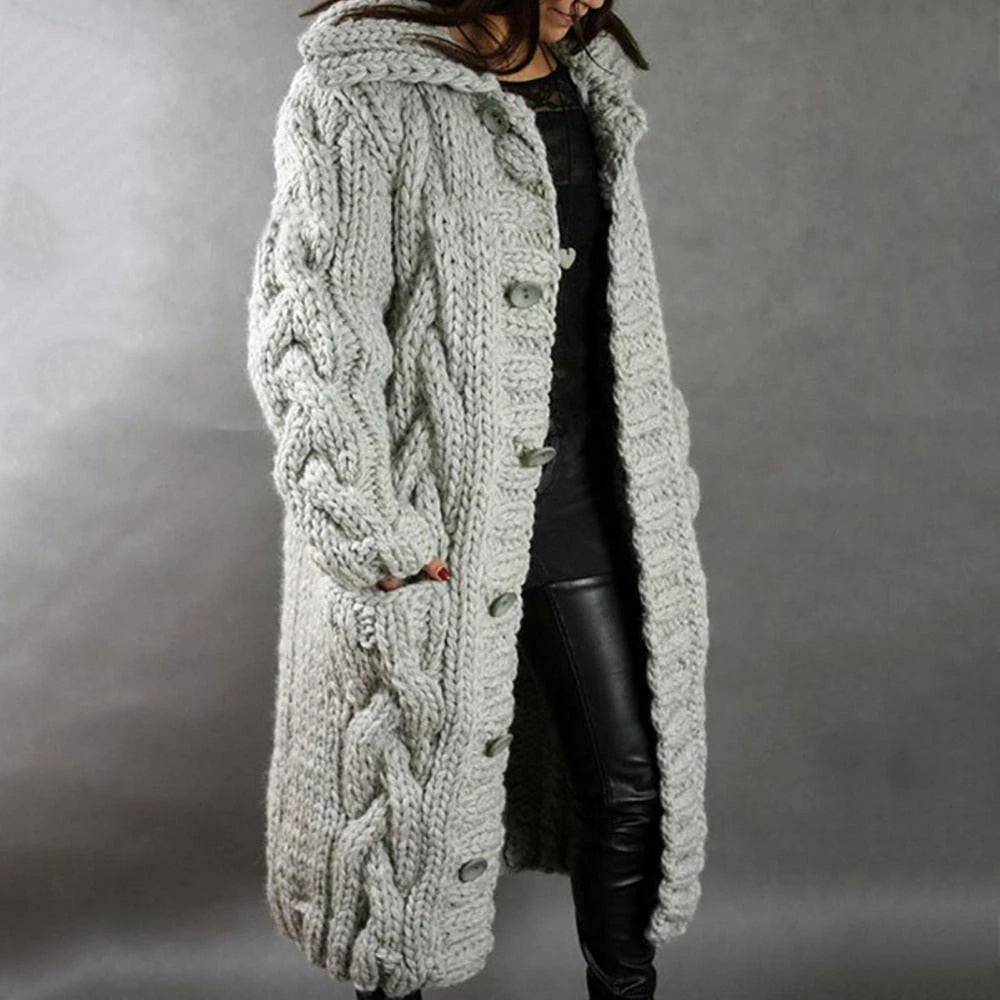 Damen Langer Zopfstrickmantel - Oversized mit Knopfverschluss