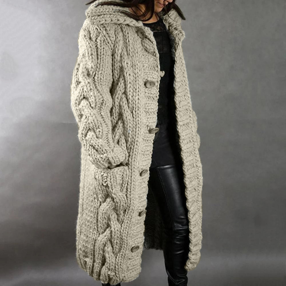 Women's Long Braid Knit Coat - Oversized with Button Closure