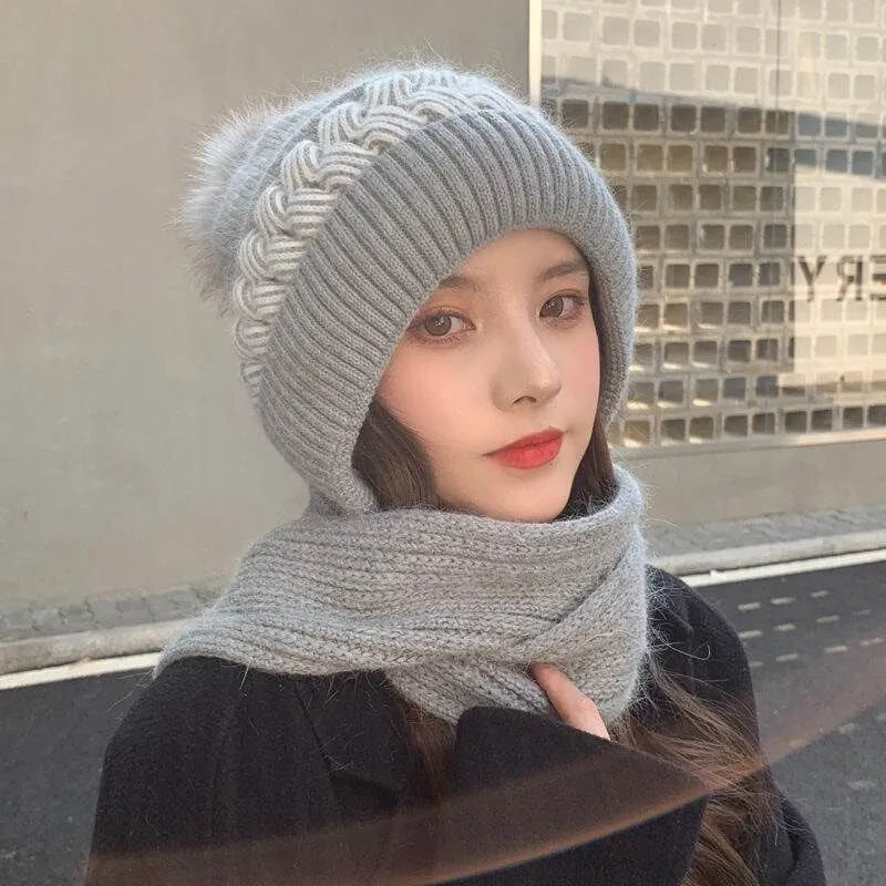 Women's knitted hat with attached scarf - winter pompom balaclava