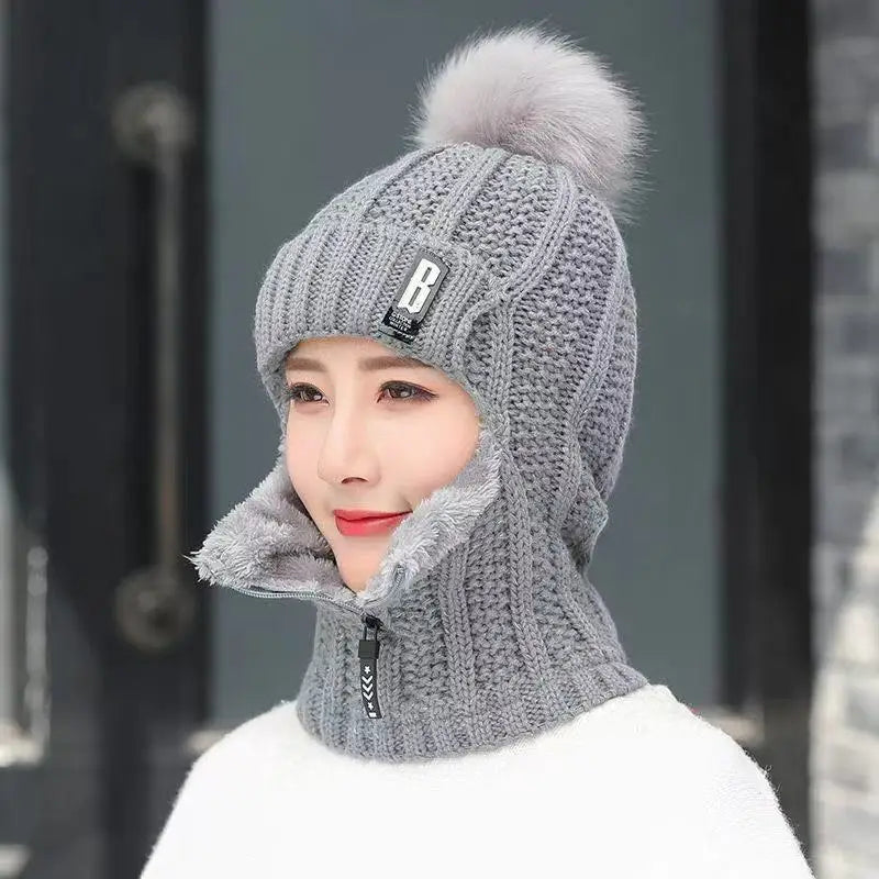 Women's Winter Balaclava Beanie - Knitted Hat with Zipper and Pom Pom