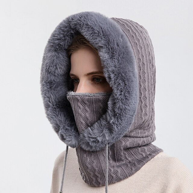 Women's Knitted Balaclava Hat - Hoodie & Plush Trim