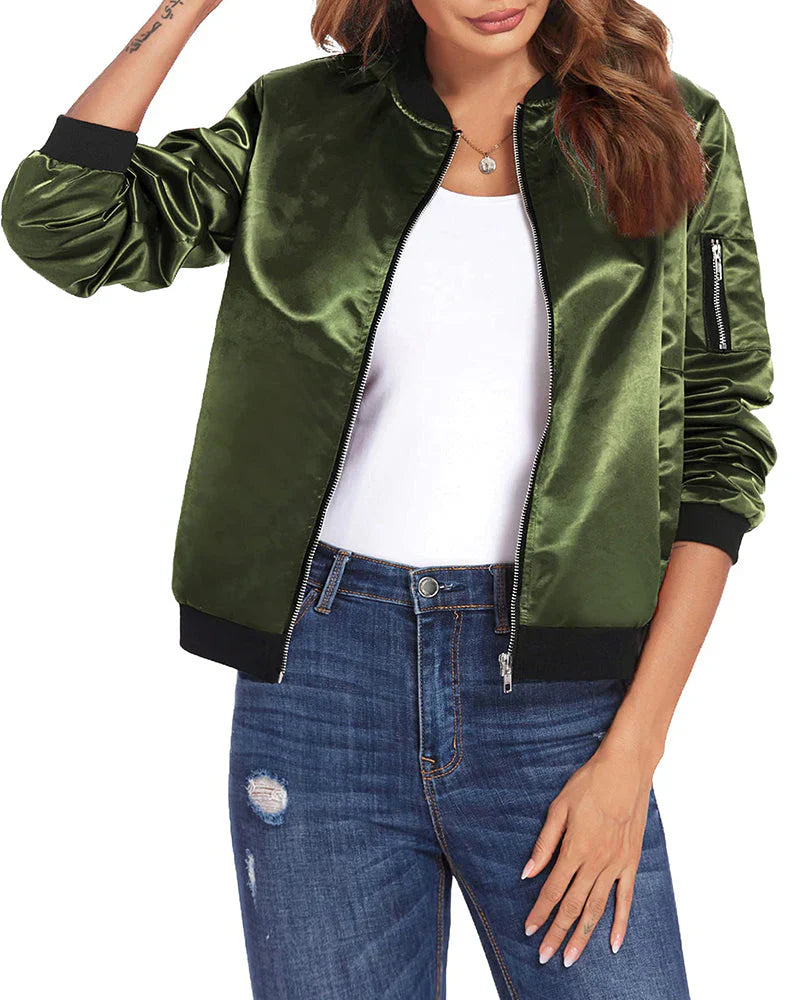 Women's Lightweight Bomber Jacket - Zipper & Sleeve Pocket