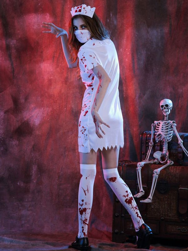 Damen Weiß Blutiges Halloween Krankenschwester Kleid - Reißverschluss und Kopfschmuck