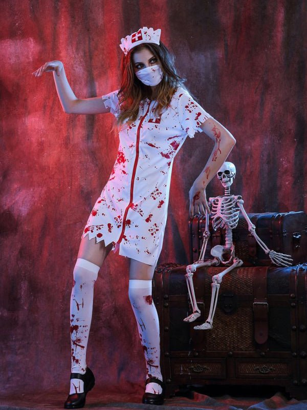 Damen Weiß Blutiges Halloween Krankenschwester Kleid - Reißverschluss und Kopfschmuck