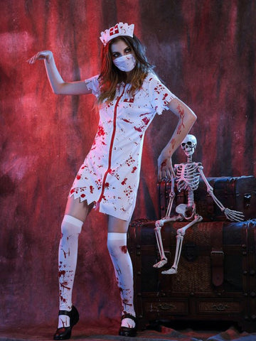Damen Weiß Blutiges Halloween Krankenschwester Kleid - Reißverschluss und Kopfschmuck