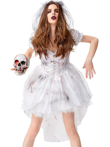 Vestido de novia gótico mini de Halloween sangriento blanco para mujer - estilo corsé y velo