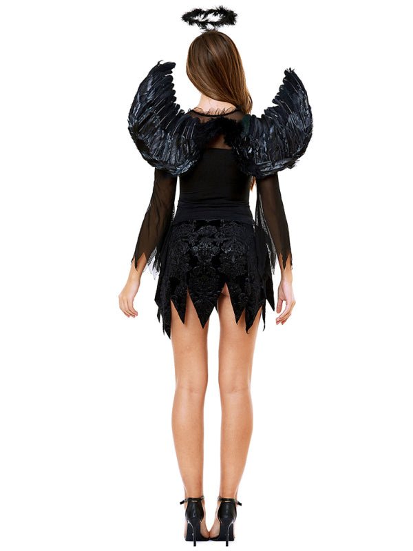 Dam Mörk Ängel Mini-Klänning - Vingat Halloween Kostym