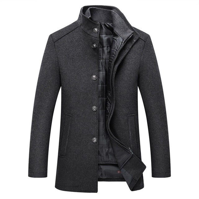 Men's Button Placket Slim Coat - Stand Collar & Quilted Detail