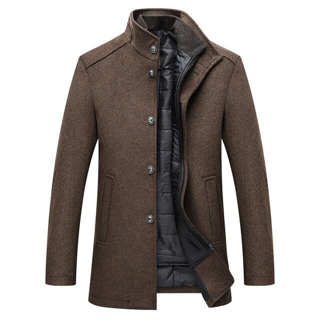 Men's Single-Breasted Coat - Stand Collar & Slim Fit