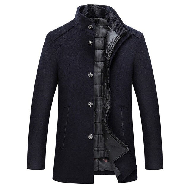 Men's Button Placket Slim Coat - Stand Collar & Quilted Detail