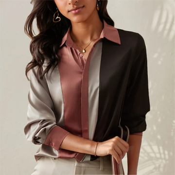 Damen Satinbluse - Color-Block Lässige Passform