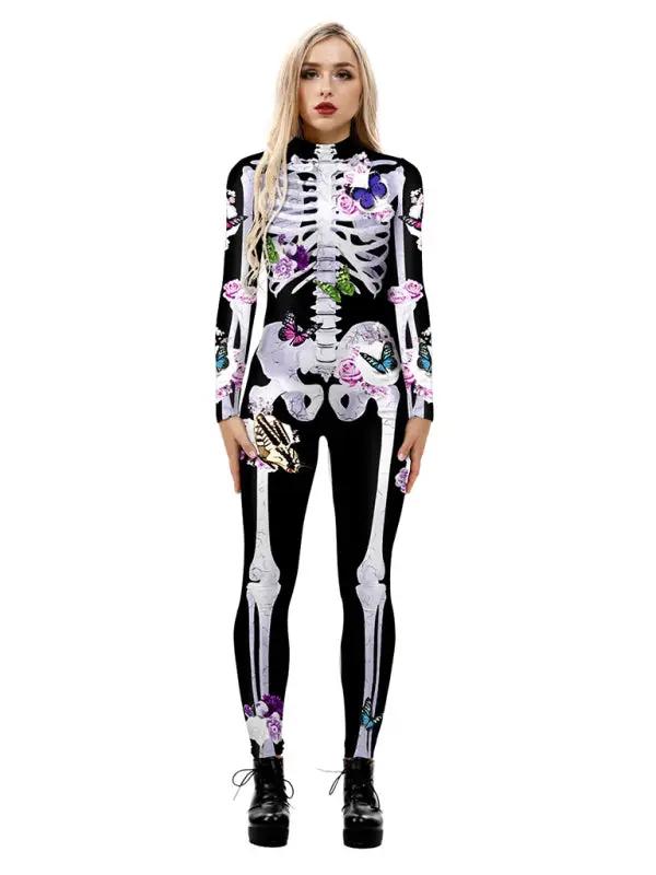 Body de esqueleto negro para mujer Halloween - estampado de mariposa y cuello alto
