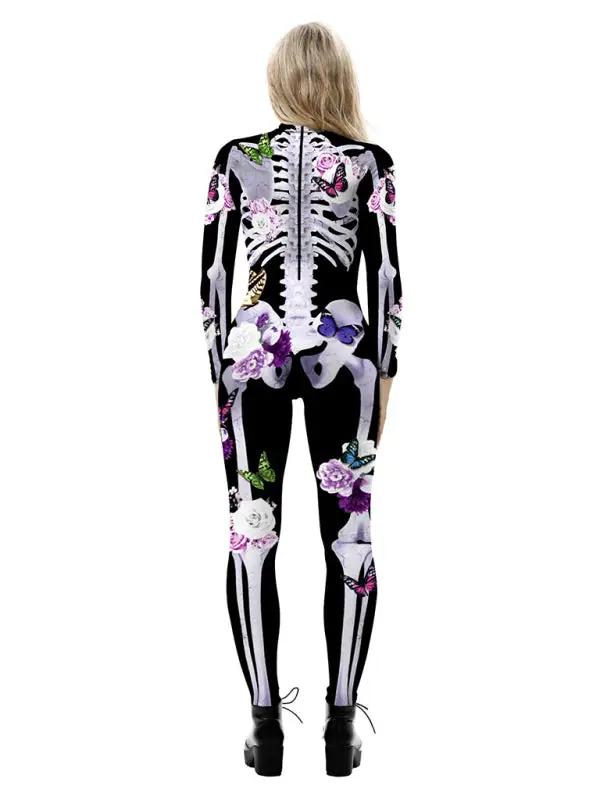 Body da donna nero Halloween scheletro - stampa farfalla e collo alto