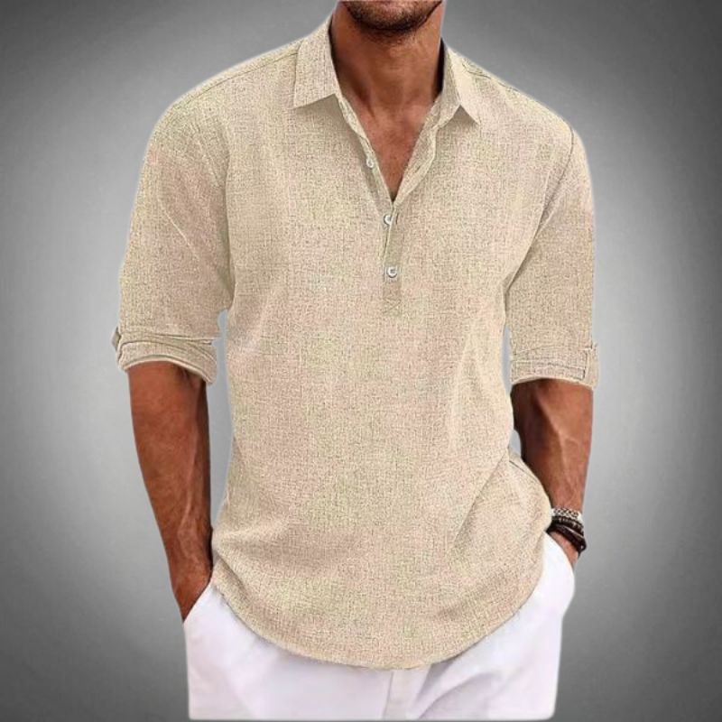 Men's Linen Shirt - Roll-Up Sleeves with Collar