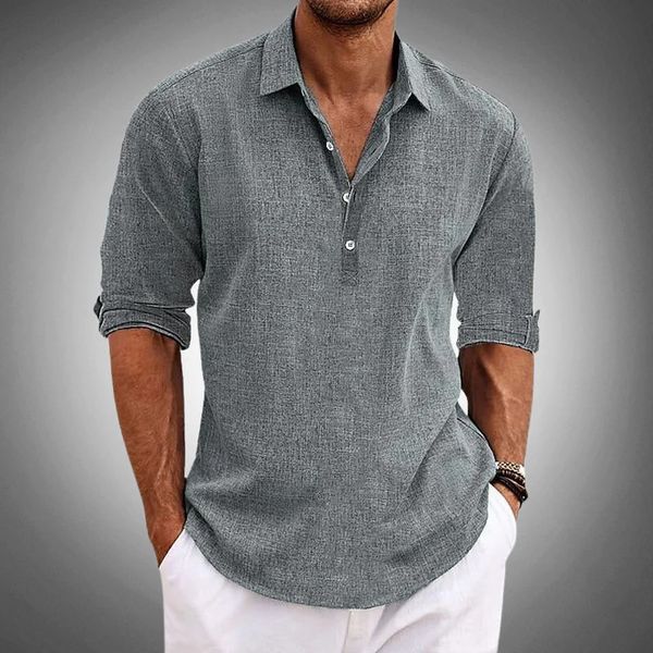 Men's Linen Shirt - Roll-Up Sleeves with Collar
