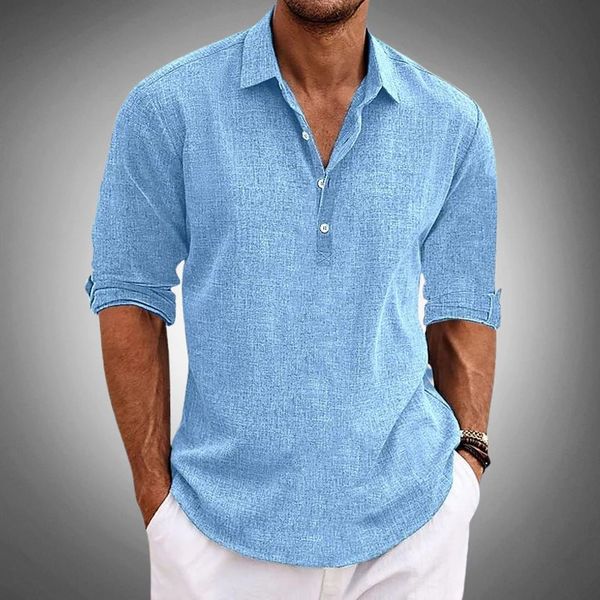 Men's Linen Shirt - Roll-Up Sleeves with Collar