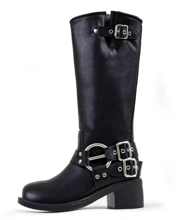 Botas negras hasta la rodilla para mujer - Hebillas y cremallera