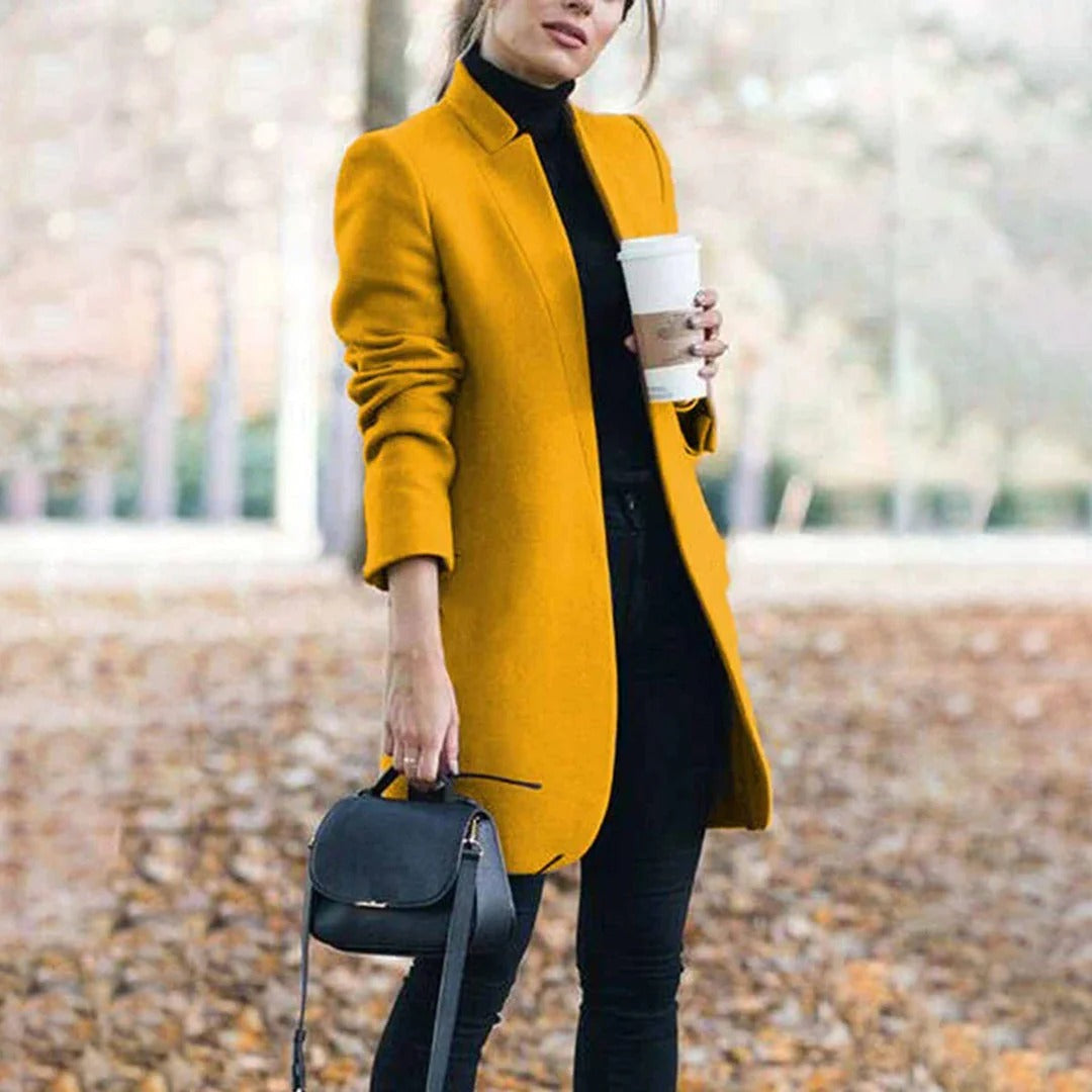 Damen Knielanger Taillierter Mantel - Minimalistisches Hochgeschlossenes Design