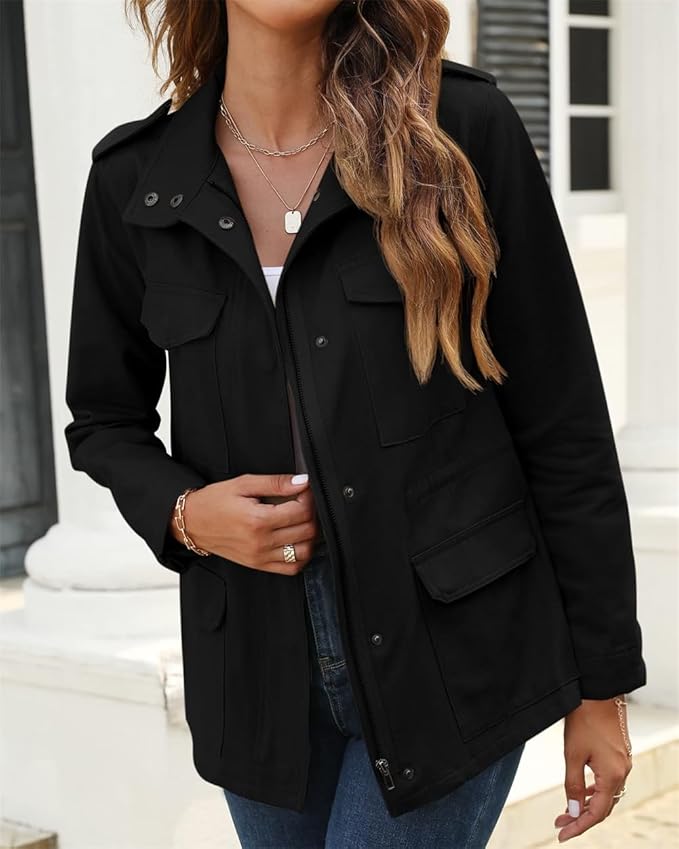 Damen Stehkragen Utility Jacke - Leicht mit Multi-Tasche