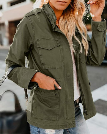 Damen Stehkragen Utility Jacke - Leicht mit Multi-Tasche