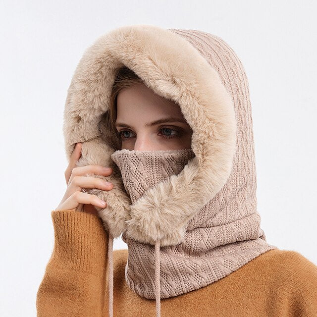 Women's Knitted Balaclava Hat - Hoodie & Plush Trim