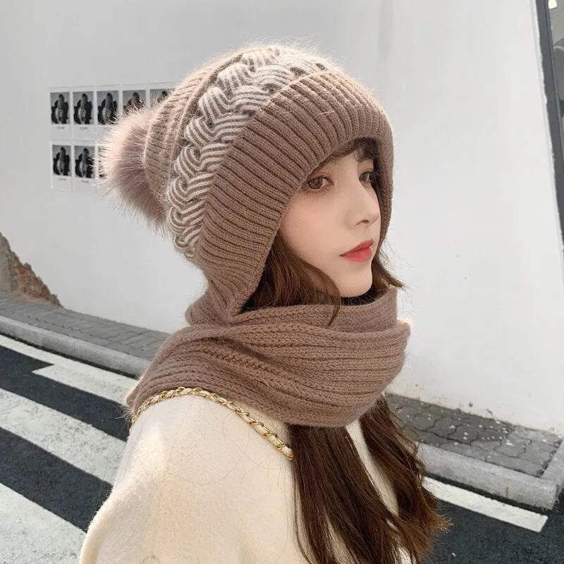 Women's knitted hat with attached scarf - winter pompom balaclava