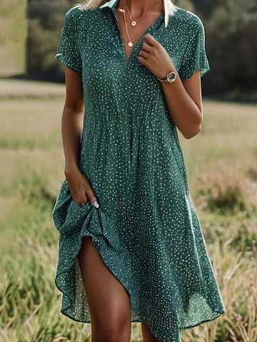 Damen Midi Hemdblusenkleid - Kurzarm Button-Down Freizeitkleid