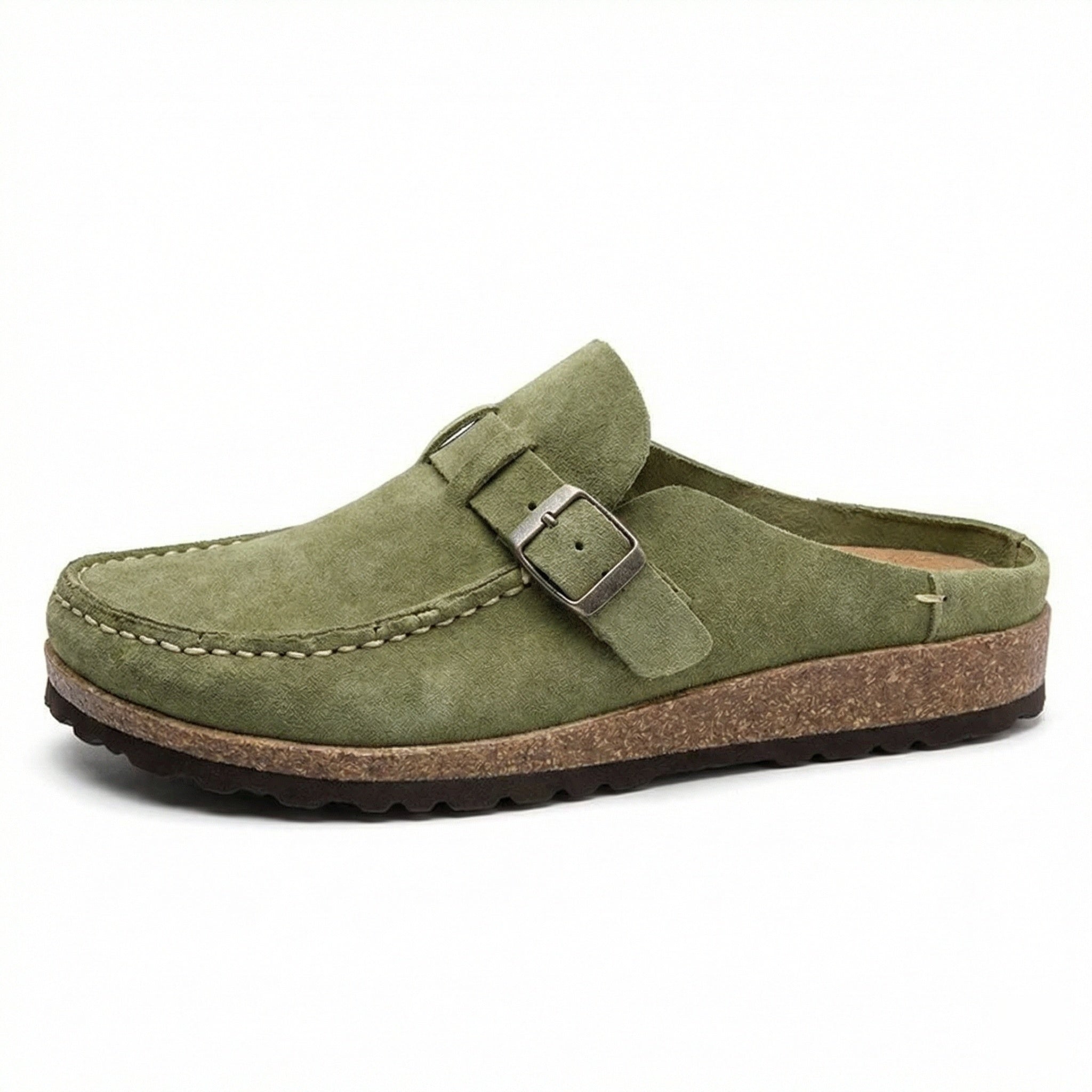 Damen Wildleder Clogs - Hinten offen mit Sohle im Kork-Stil