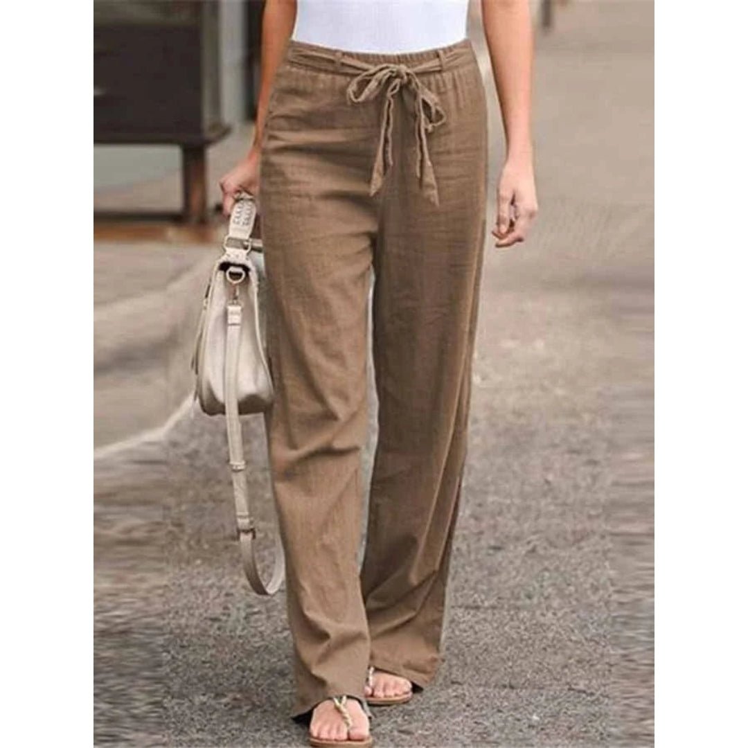 Damen Leinen Palazzo Hose mit weitem Bein Kordelzug und entspannte Passform