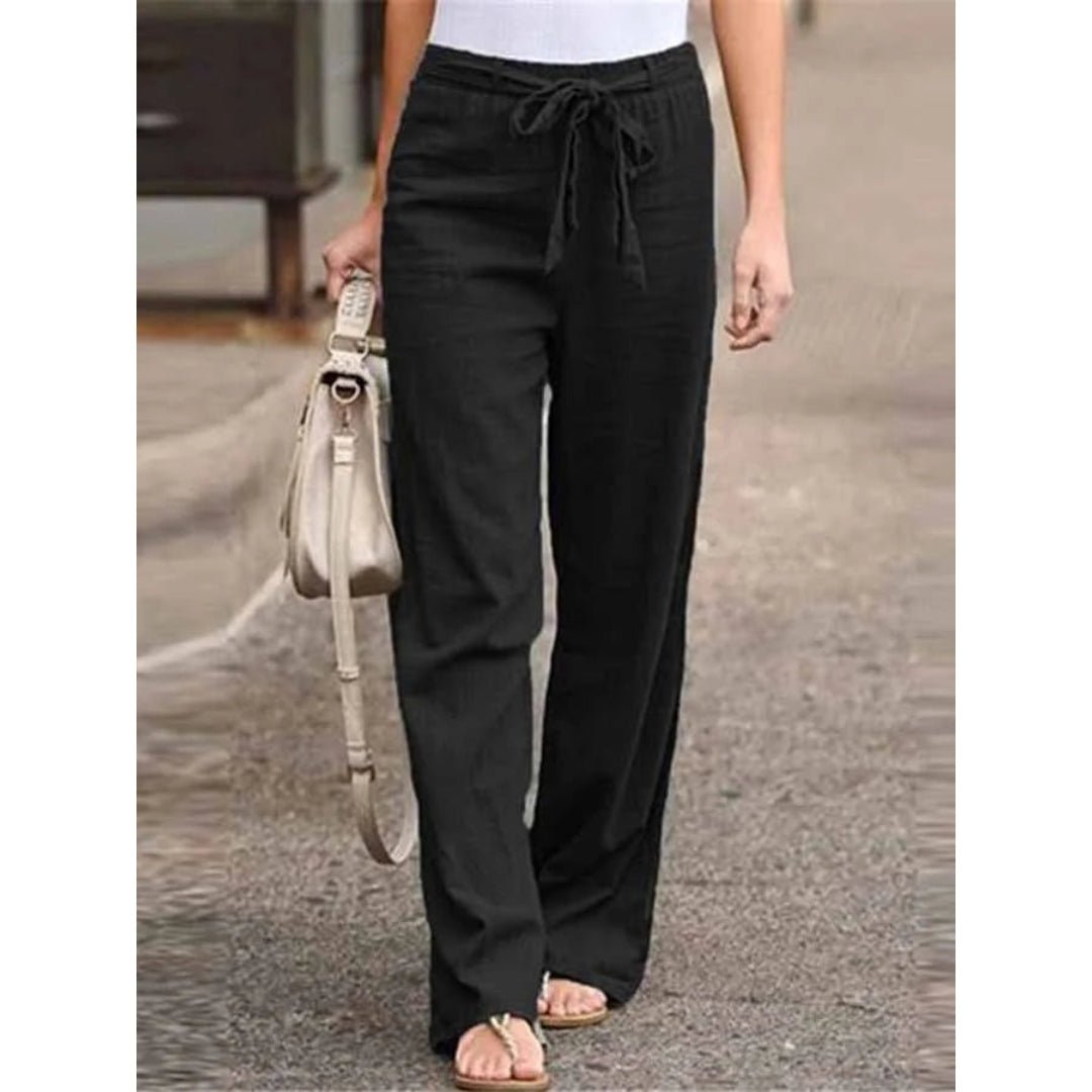 Damen Leinen Palazzo Hose mit weitem Bein Kordelzug und entspannte Passform