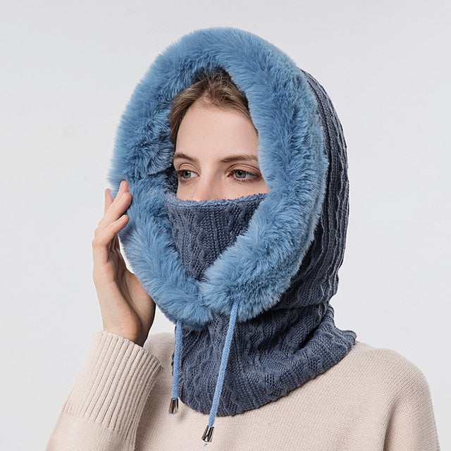 Women's Knitted Balaclava Hat - Hoodie & Plush Trim