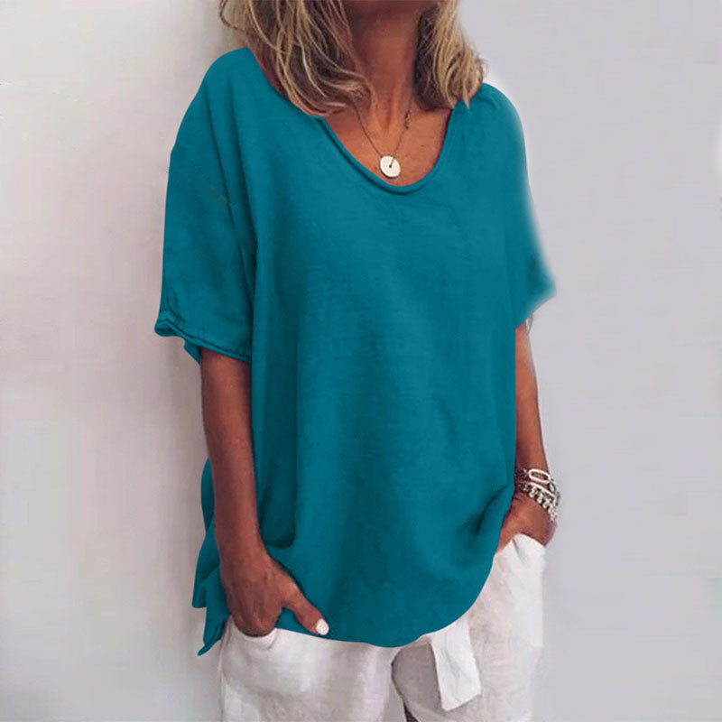 Women's Oversized Blouse - Round Neck with Short Sleeves