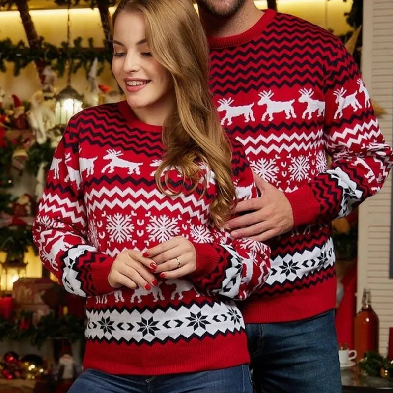Unisex Partner-Weihnachtspullover - Rentier & Schneeflocken Strickmuster