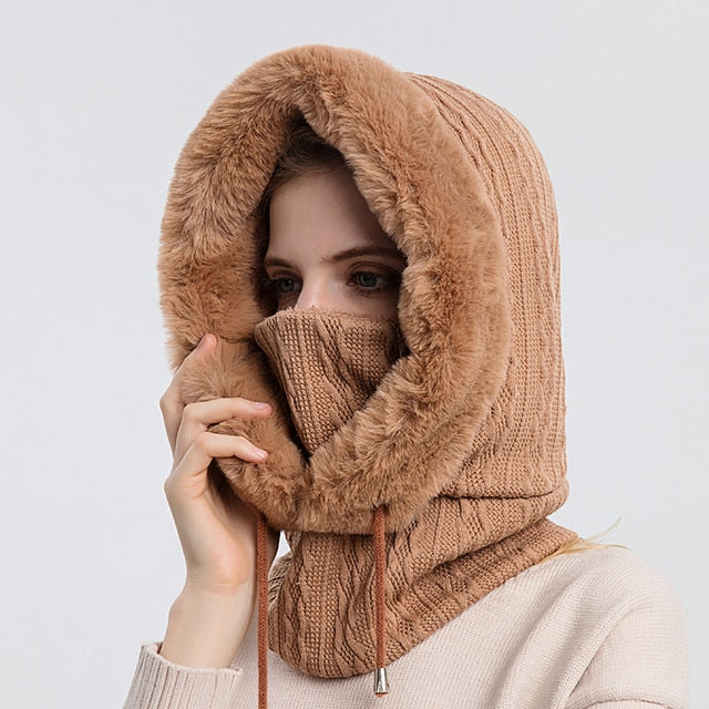 Women's Knitted Balaclava Hat - Hoodie & Plush Trim