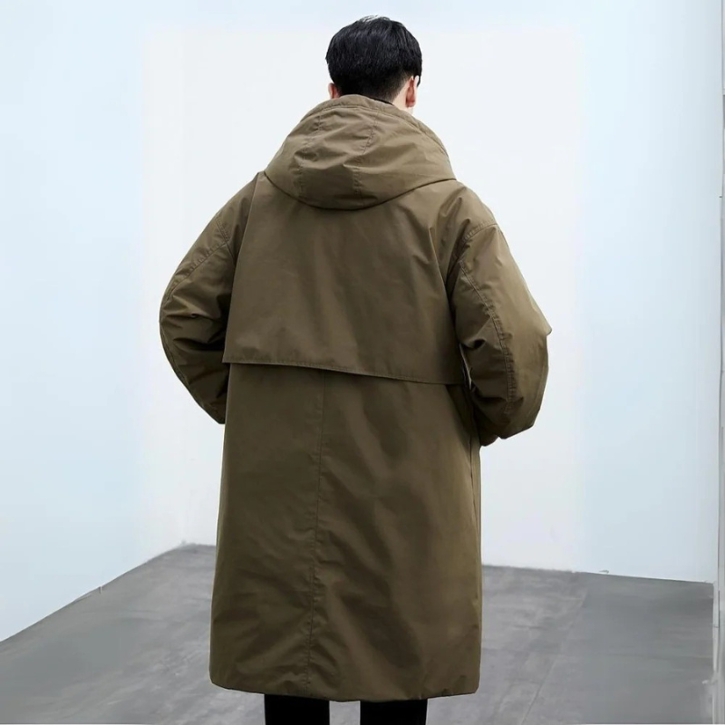 Men's Long Hooded Trench Coat - Waterproof with Side Pockets